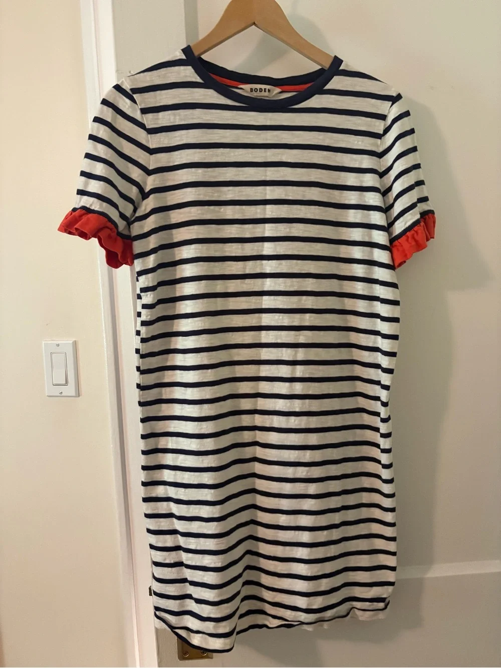 Boden Women’s Navy Stripe Dress with Red Ruffle Sleeves